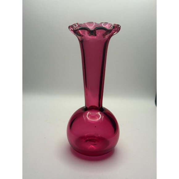 Vintage Pilgrim (?) Handblown Cranberry Glass Bud Vase – 7” Tall with Ruffled Ri - Picture 4 of 9